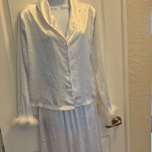 Ivory Satin Pajama Set with Feather Cuffs by mi Ami